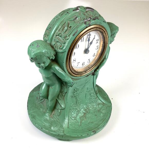 1920s LUX Clock Co. Figural Cherubs Painted Metal Novelty Desk Clock Antique Vtg - Picture 2 of 11